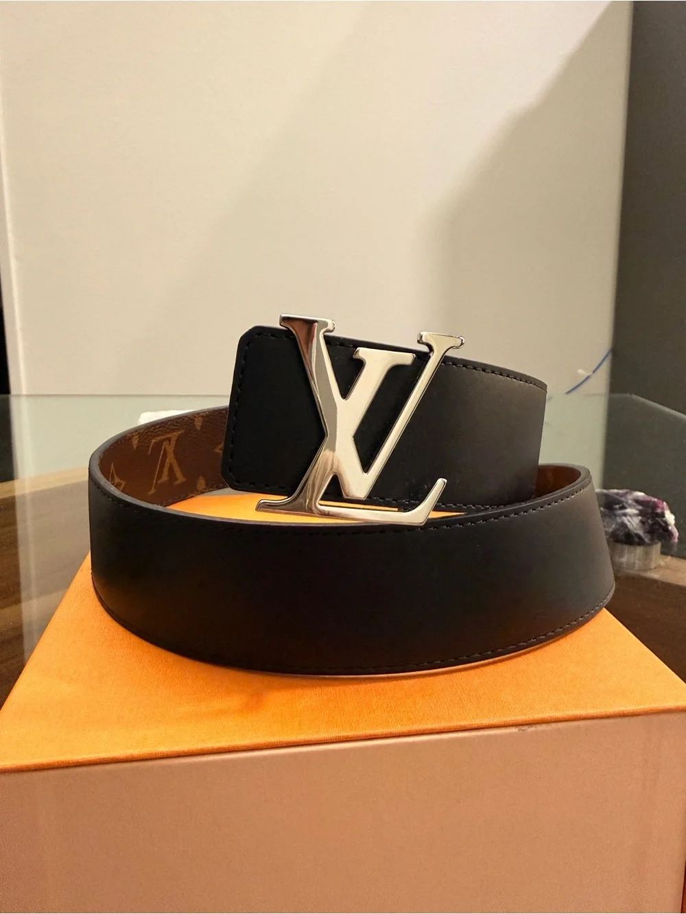 Louis Vuitton Black Leather LV Initiales Men's Belt with Silver Buckle